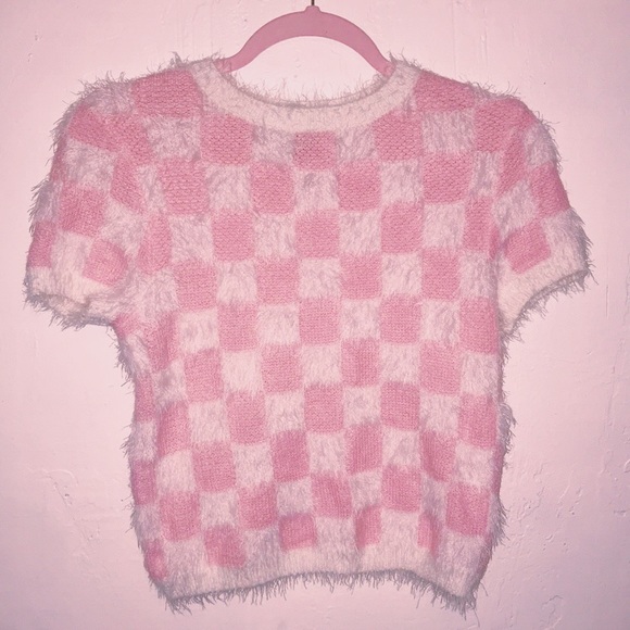 fuzzy pink checkered cardigan